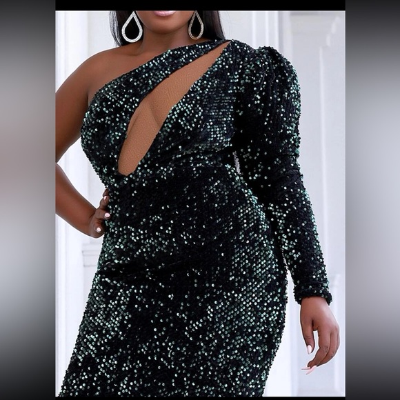 Seomiscky Plus Size One Shoulder Dress Green Sequin Dress - Picture 2 of 9